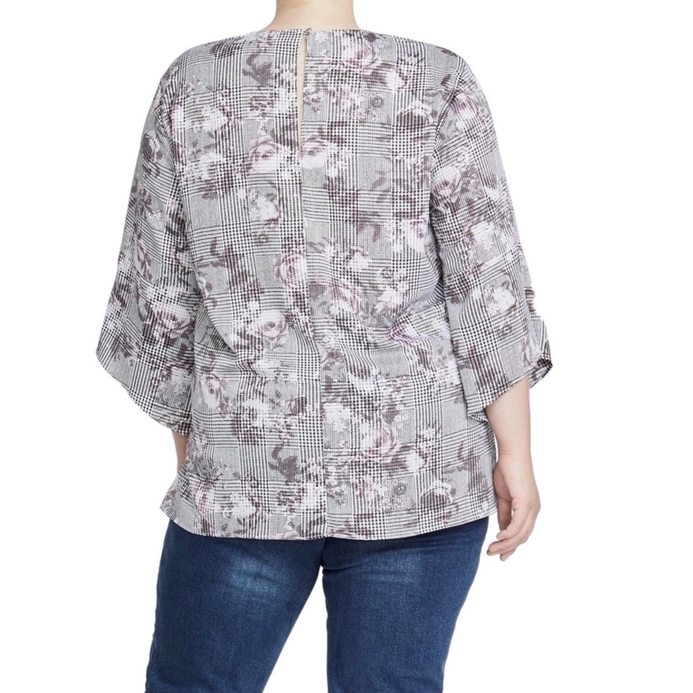 RACHEL Rachel Roy 3/4 Bell Sleeve Floral Plaid Top - Picture 2 of 2